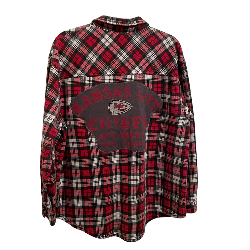 Upcycled Kansas City Chiefs Red, Gray, Black and White Plaid Flannel Button Front Shirt Womens L