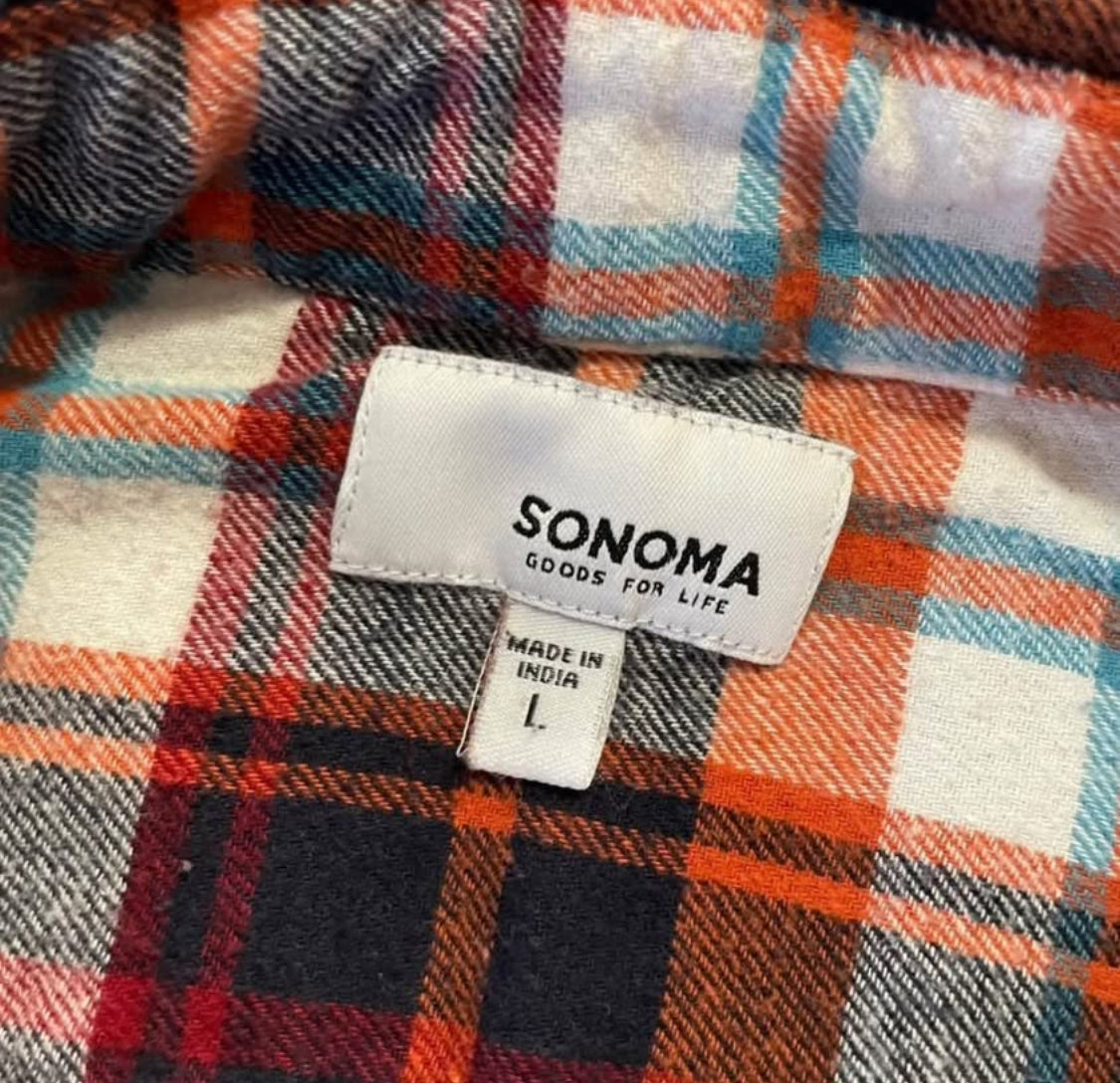 Custom handmade One of a Kind AC / DC Orange and Blue Plaid Flannel Shirt Men’s L