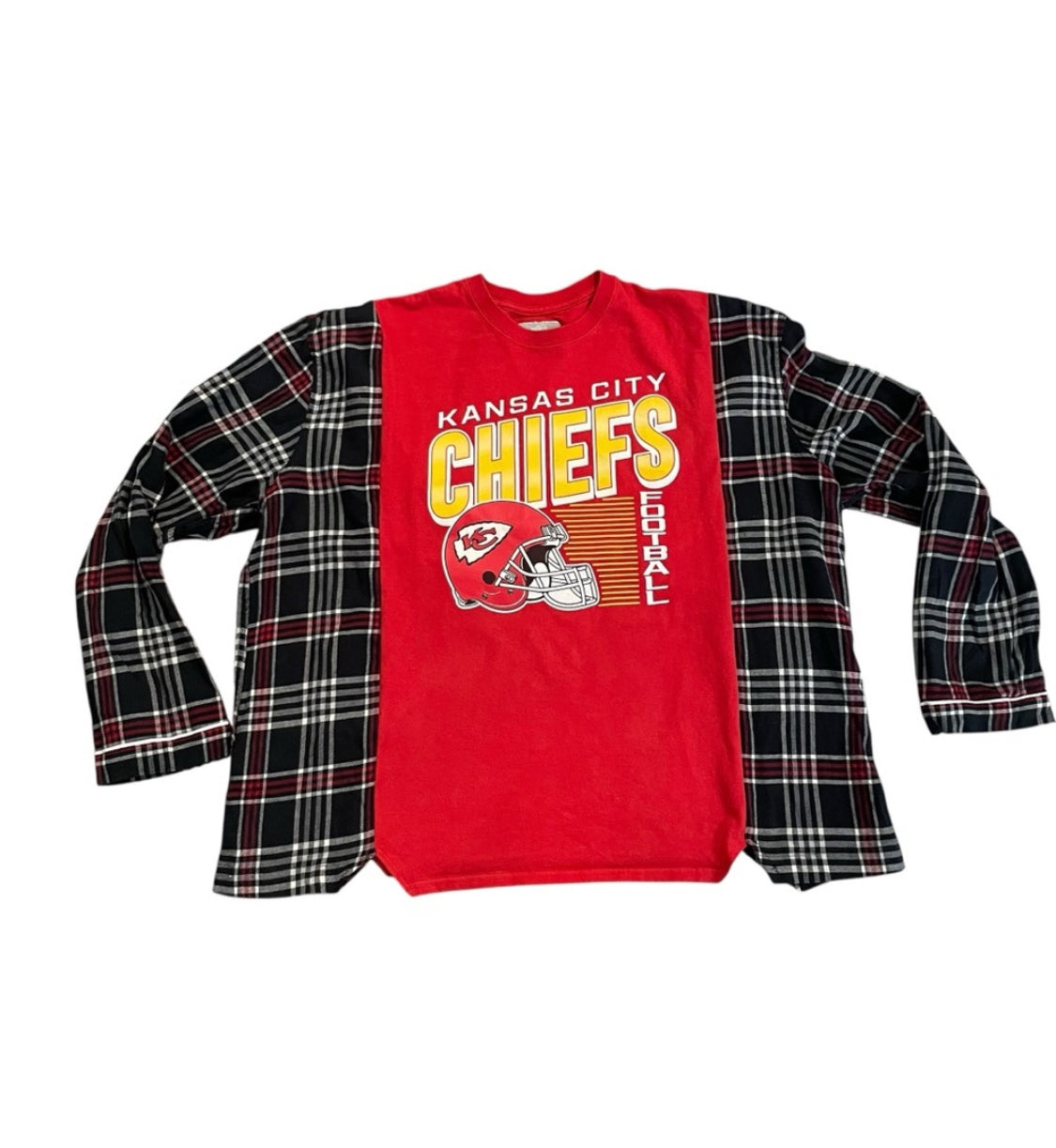 KC Chiefs Flannel Sleeve T Shirt Upcycle Oversized Fit up to 1XL