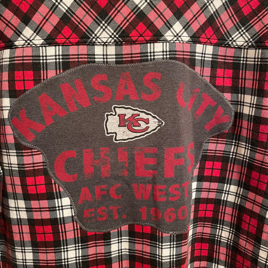 Upcycled Kansas City Chiefs Red, Gray, Black and White Plaid Flannel Button Front Shirt Womens L