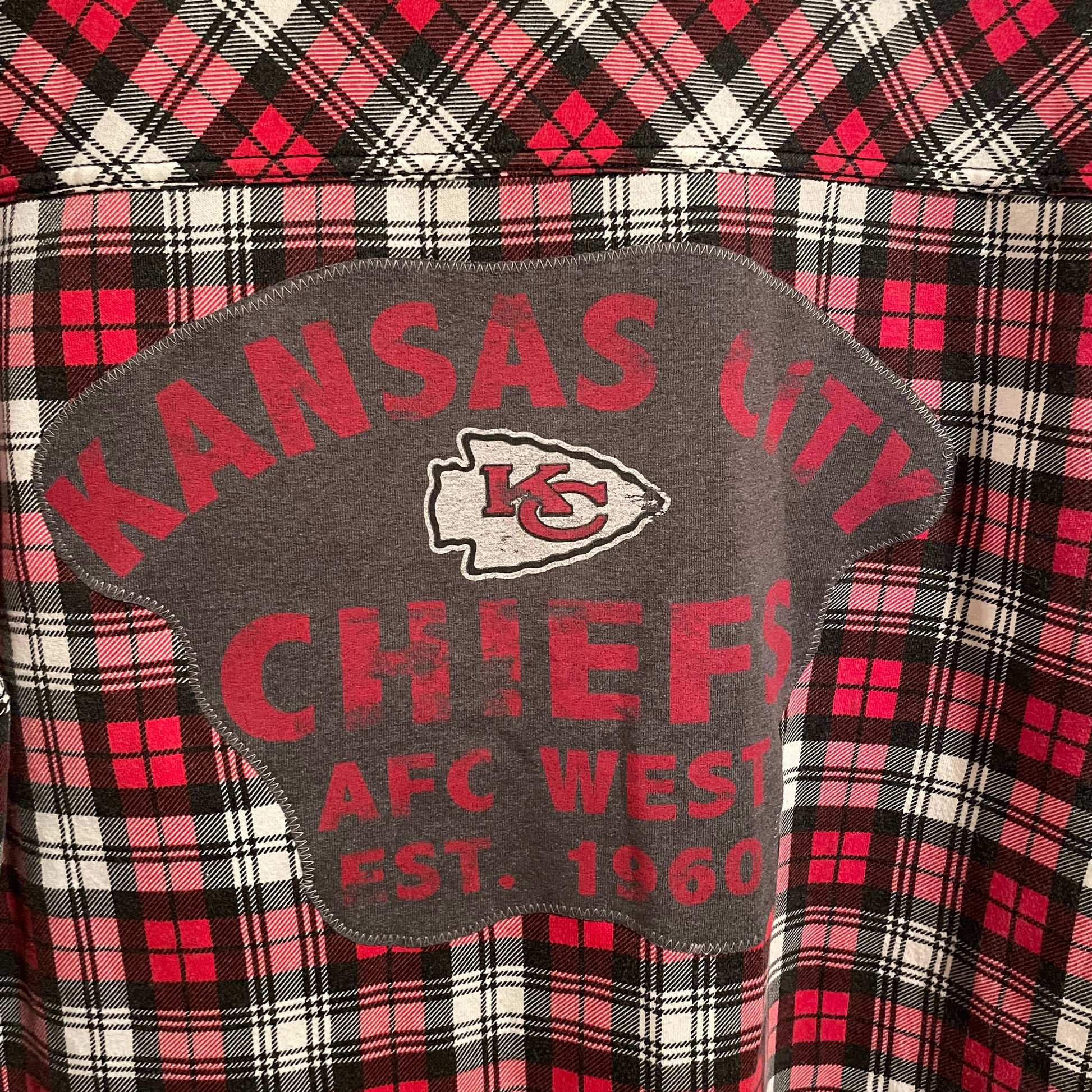 Upcycled Kansas City Chiefs Red, Gray, Black and White Plaid Flannel Button Front Shirt Womens L