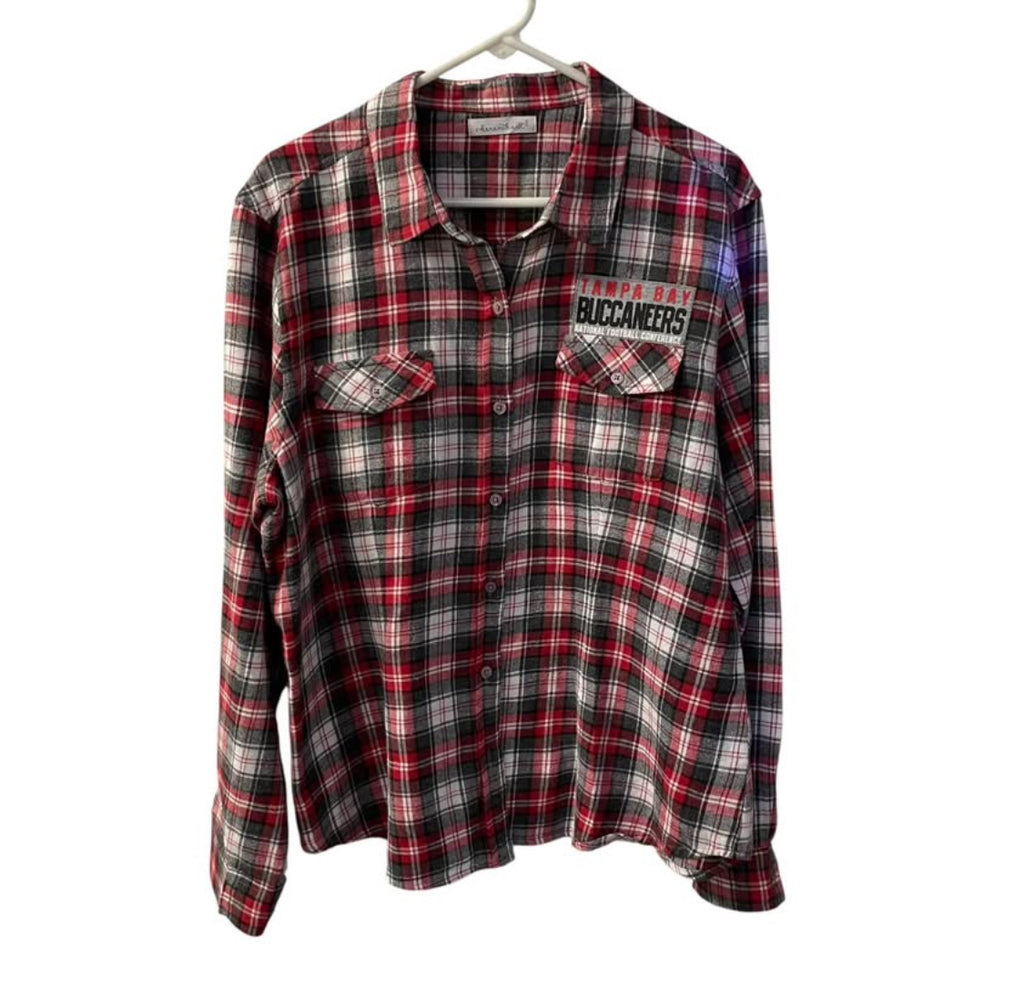 Tampa Bay Buccaneers Upcycled Red and Gray Plaid Flannel Button Front Shirt Size XL