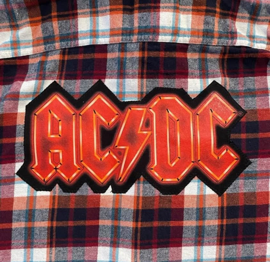 Custom handmade One of a Kind AC / DC Orange and Blue Plaid Flannel Shirt Men’s L