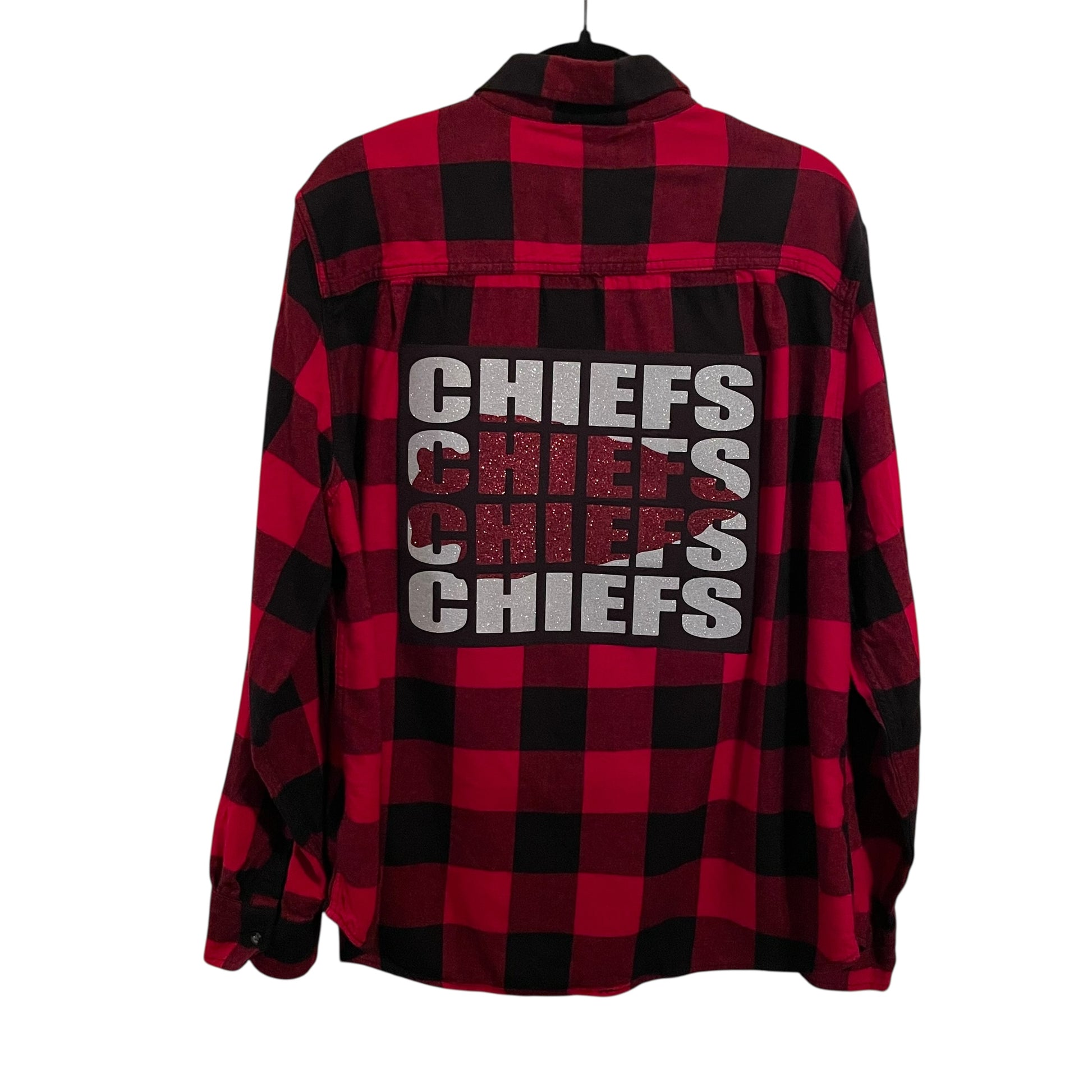 1 of a Kind Kansas City Chiefs Red and Black Plaid Flannel Button Front Shirt with Glitter Image XL
