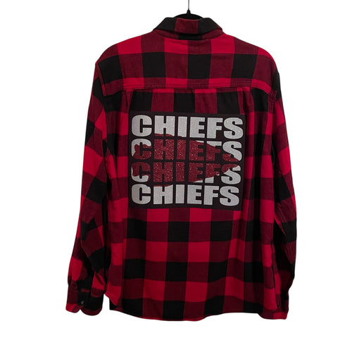 1 of a Kind Kansas City Chiefs Red and Black Plaid Flannel Button Front Shirt with Glitter Image XL