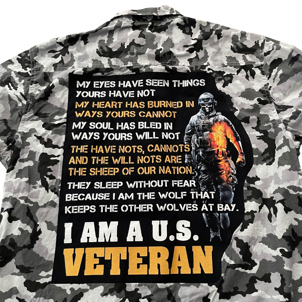 Upcycled One Of A Kind I’m A Veteran Gray Camo Long Sleeve Shirt XL