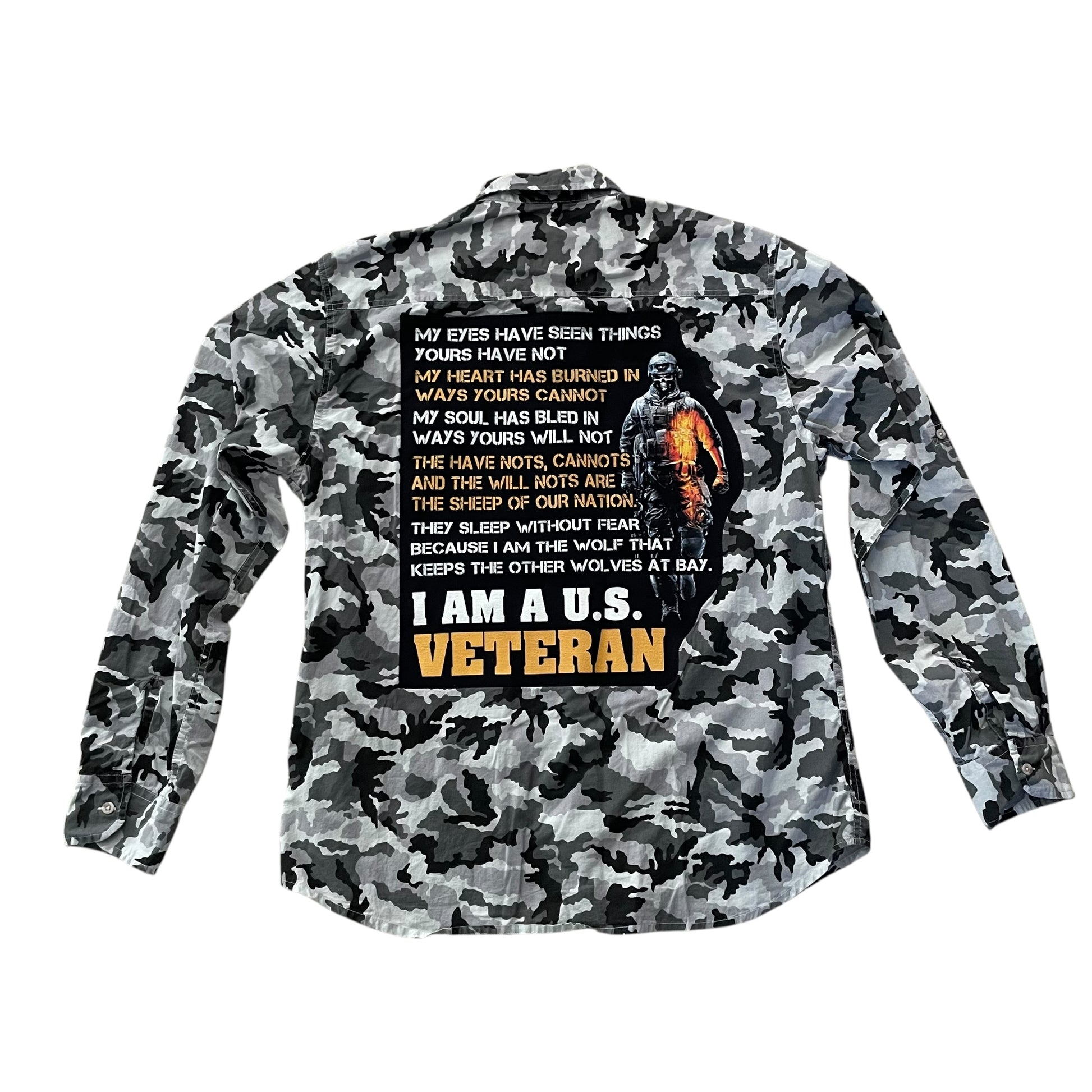 Upcycled One Of A Kind I’m A Veteran Gray Camo Long Sleeve Shirt XL