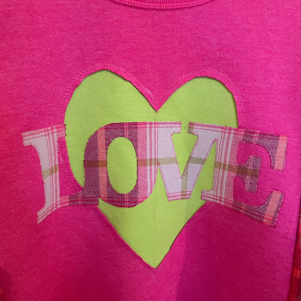 Bright Pink and Green Heart Love Remade Sweatshirt with Flannel Sleeves Size M