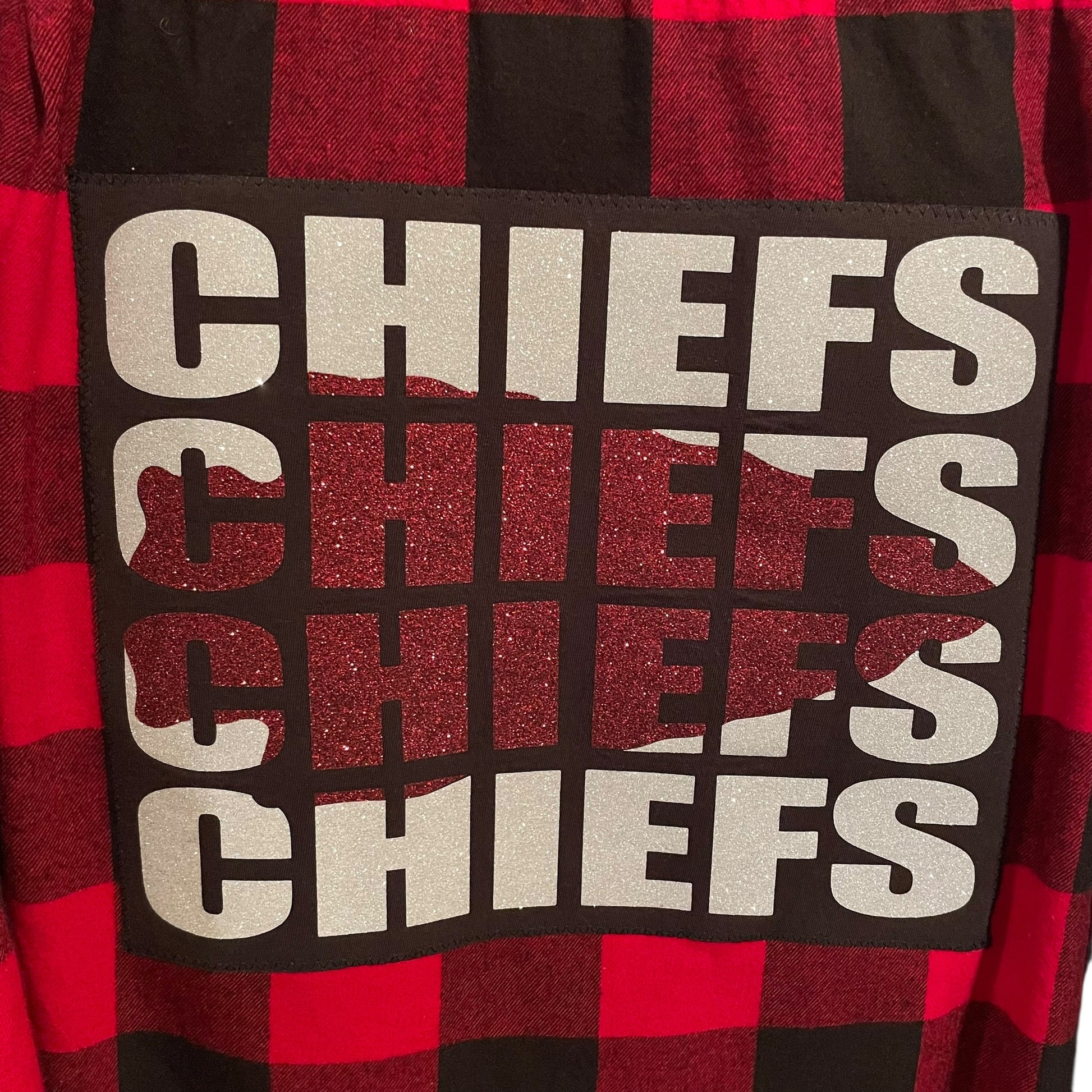1 of a Kind Kansas City Chiefs Red and Black Plaid Flannel Button Front Shirt with Glitter Image XL