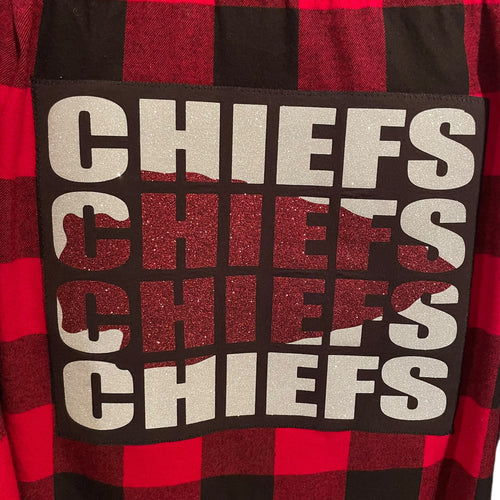 1 of a Kind Kansas City Chiefs Red and Black Plaid Flannel Button Front Shirt with Glitter Image XL
