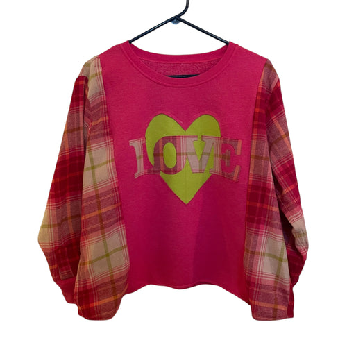 Bright Pink and Green Heart Love Remade Sweatshirt with Flannel Sleeves Size M