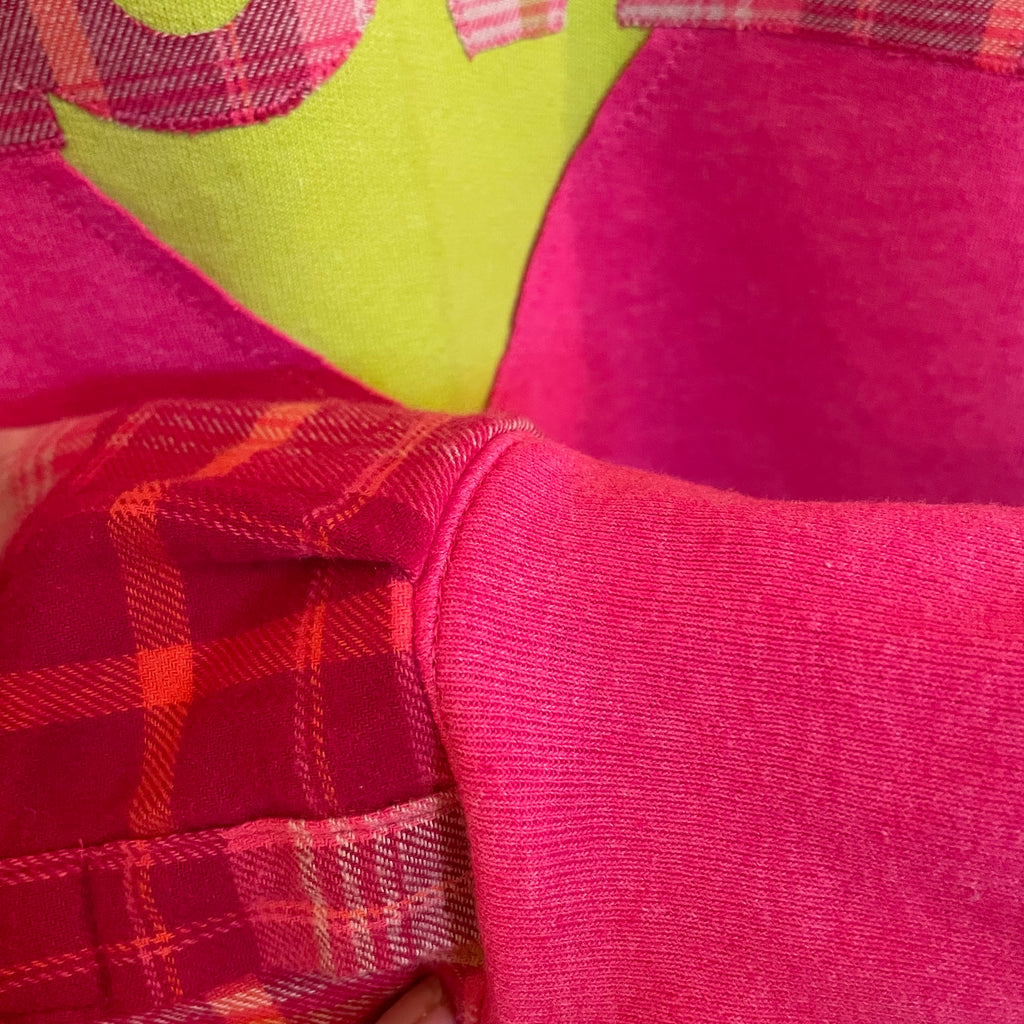 Bright Pink and Green Heart Love Remade Sweatshirt with Flannel Sleeves Size M