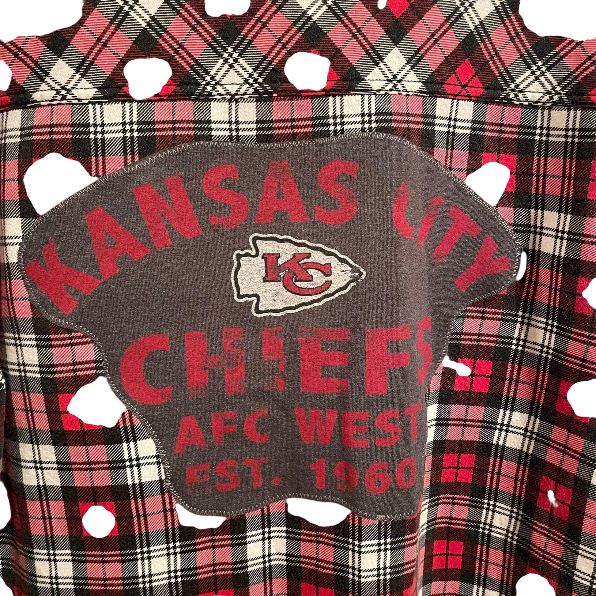Upcycled Kansas City Chiefs Red, Gray, Black and White Plaid Flannel Button Front Shirt Womens L
