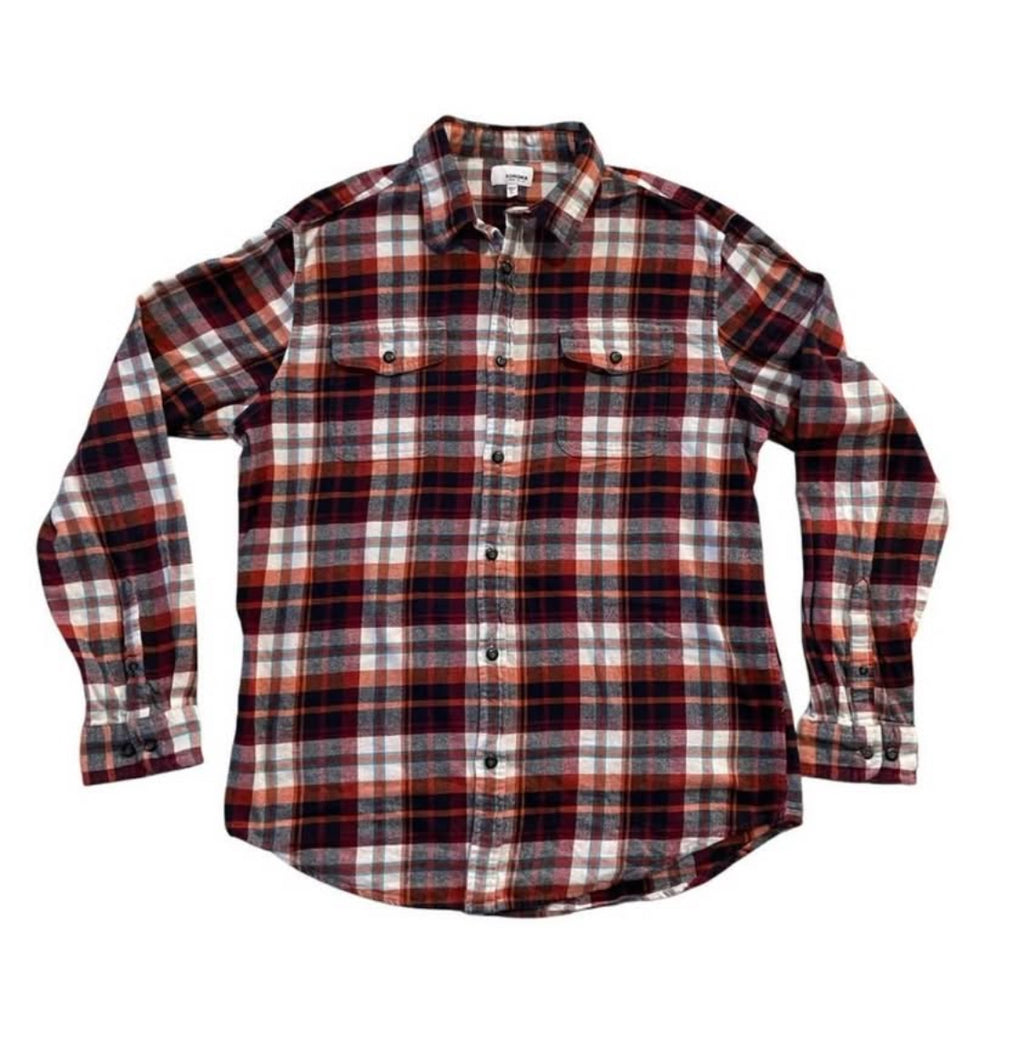 Custom handmade One of a Kind AC / DC Orange and Blue Plaid Flannel Shirt Men’s L