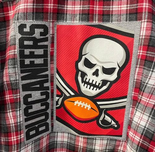 Tampa Bay Buccaneers Upcycled Red and Gray Plaid Flannel Button Front Shirt Size XL