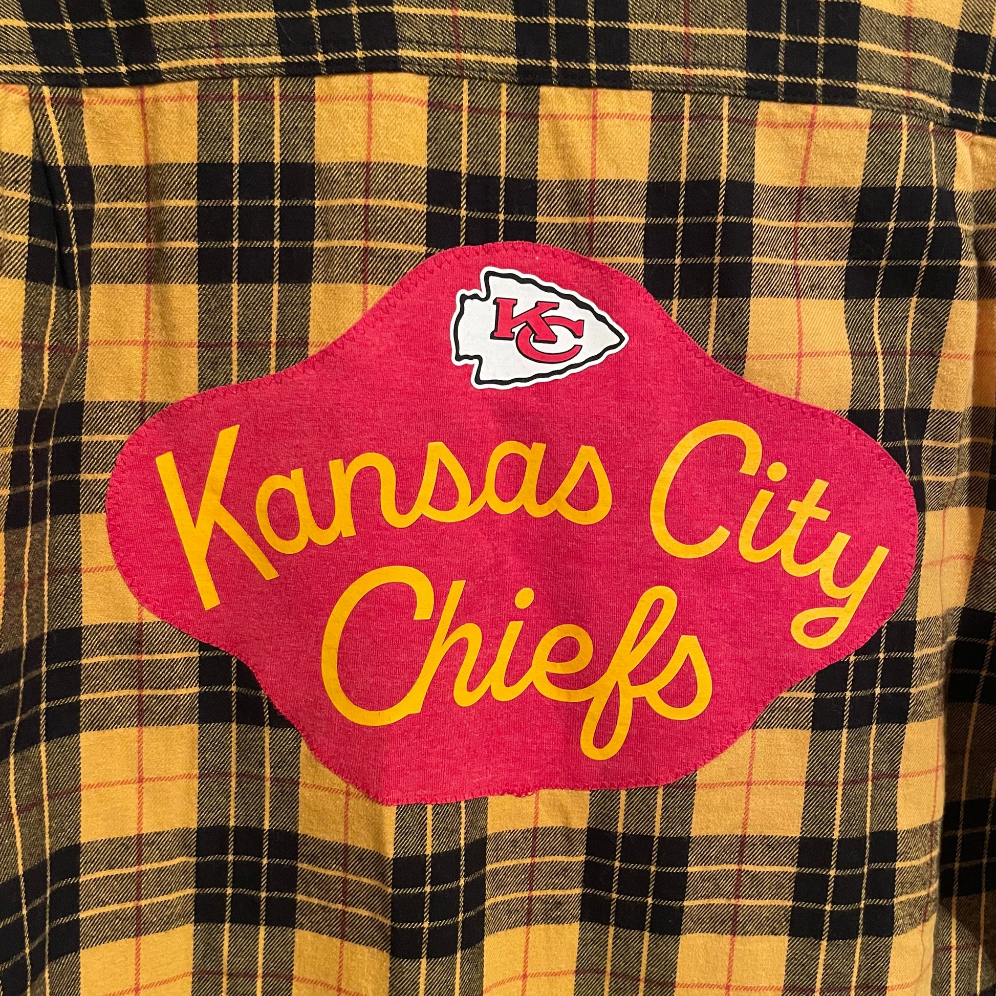Yellow Gold and Black Plaid Kansas City Chiefs Custom Upcycled Flannel L