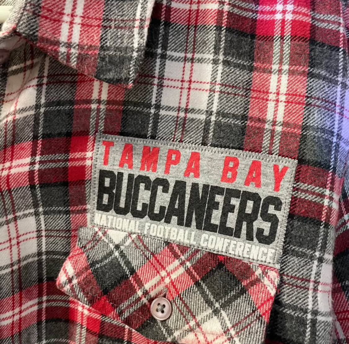 Tampa Bay Buccaneers Upcycled Red and Gray Plaid Flannel Button Front Shirt Size XL