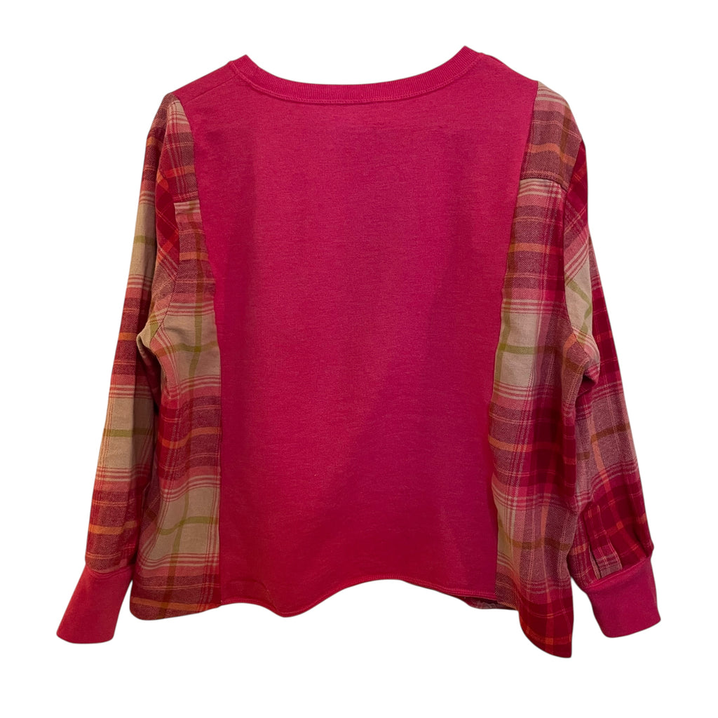 Bright Pink and Green Heart Love Remade Sweatshirt with Flannel Sleeves Size M