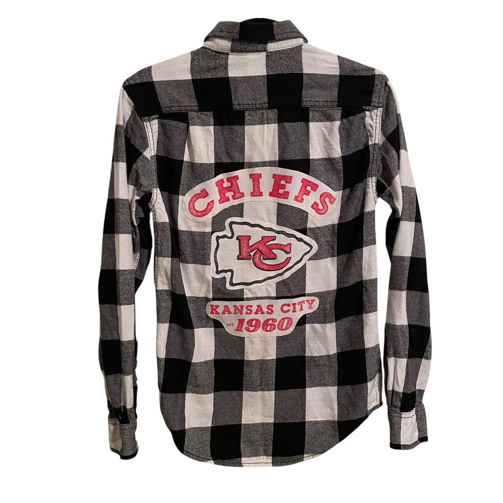 One of a Kind Kansas City Chiefs Black and White Plaid Flannel Button Front Shirt with Image XS