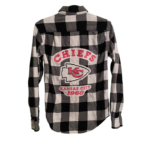 One of a Kind Kansas City Chiefs Black and White Plaid Flannel Button Front Shirt with Image XS