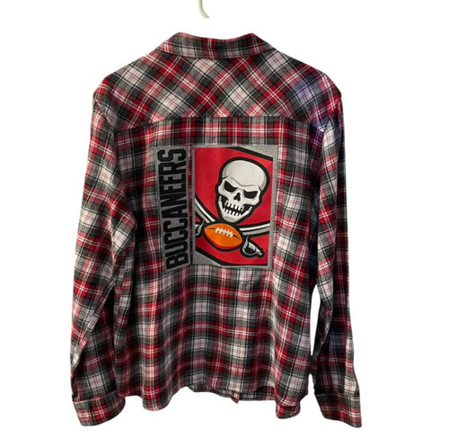 Tampa Bay Buccaneers Upcycled Red and Gray Plaid Flannel Button Front Shirt Size XL
