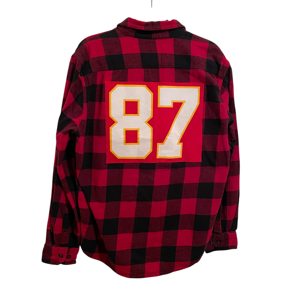 Upcycled 87 Kelce Kansas City Chiefs Red and Black Plaid Flannel Button Front Shirt L ooak