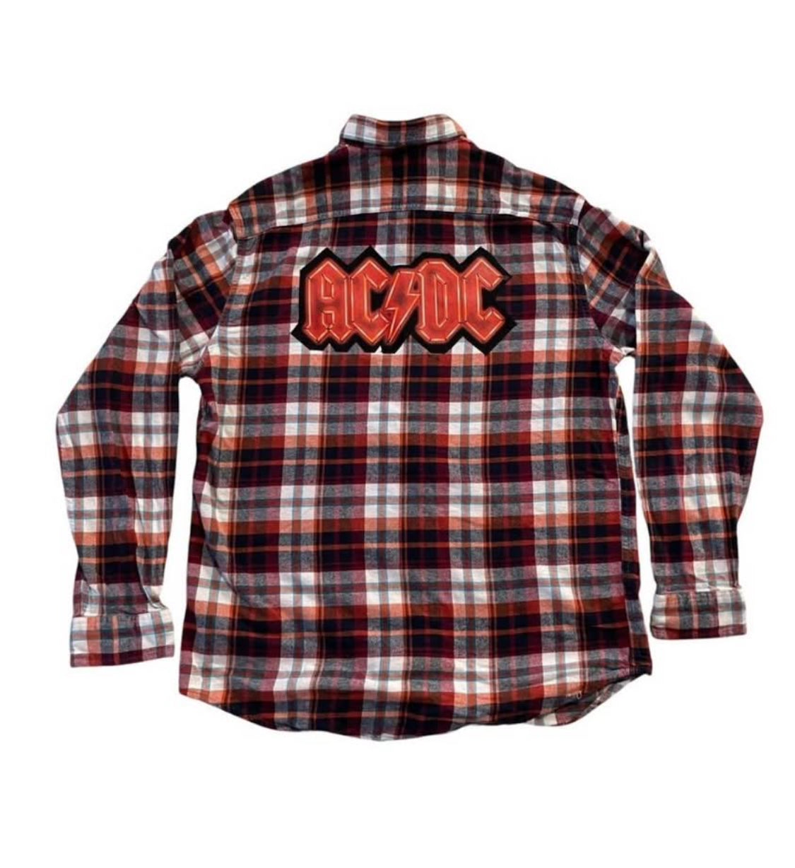Custom handmade One of a Kind AC / DC Orange and Blue Plaid Flannel Shirt Men’s L
