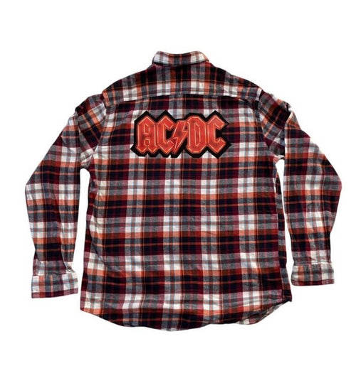 Custom handmade One of a Kind AC / DC Orange and Blue Plaid Flannel Shirt Men’s L
