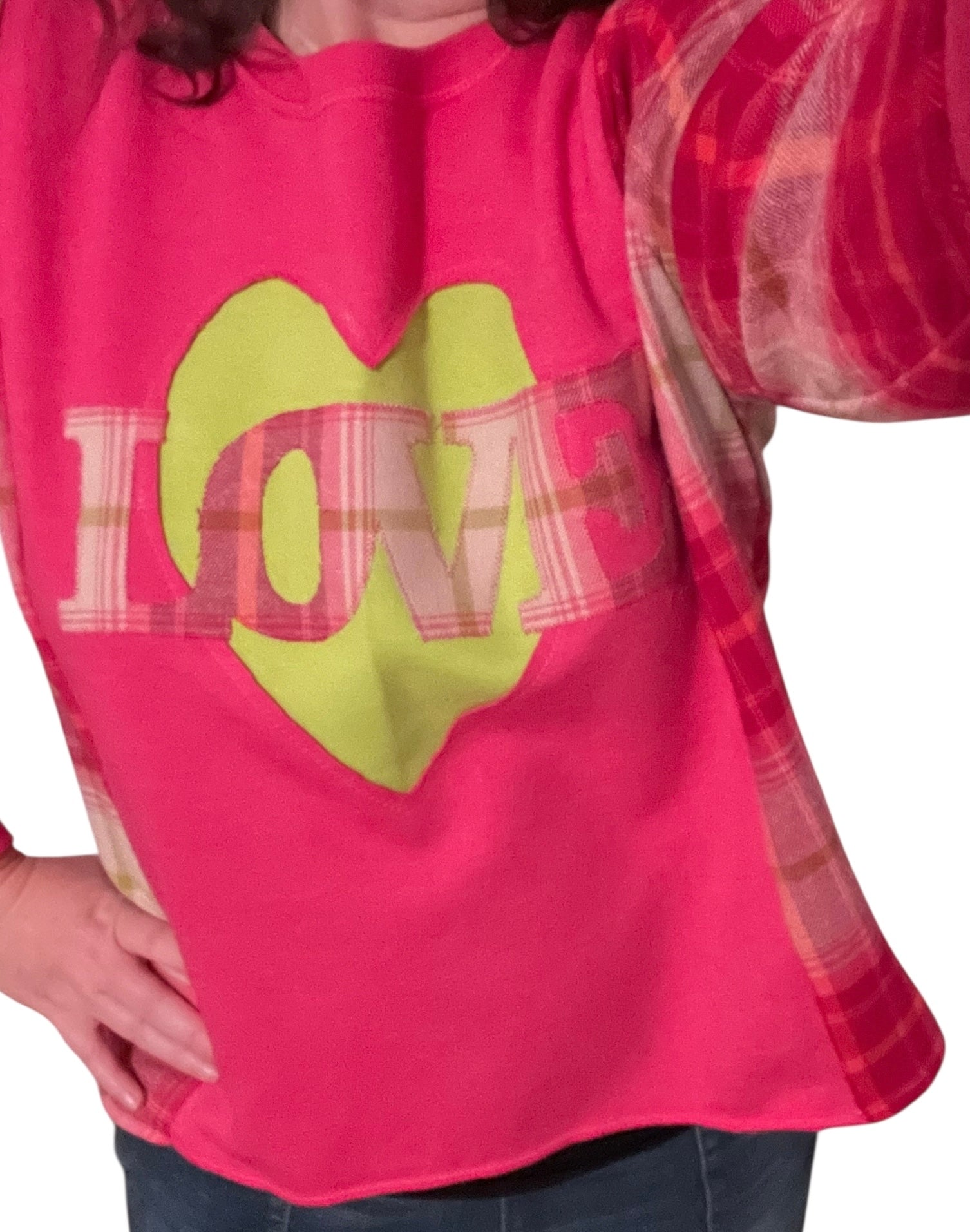 Bright Pink and Green Heart Love Remade Sweatshirt with Flannel Sleeves Size M