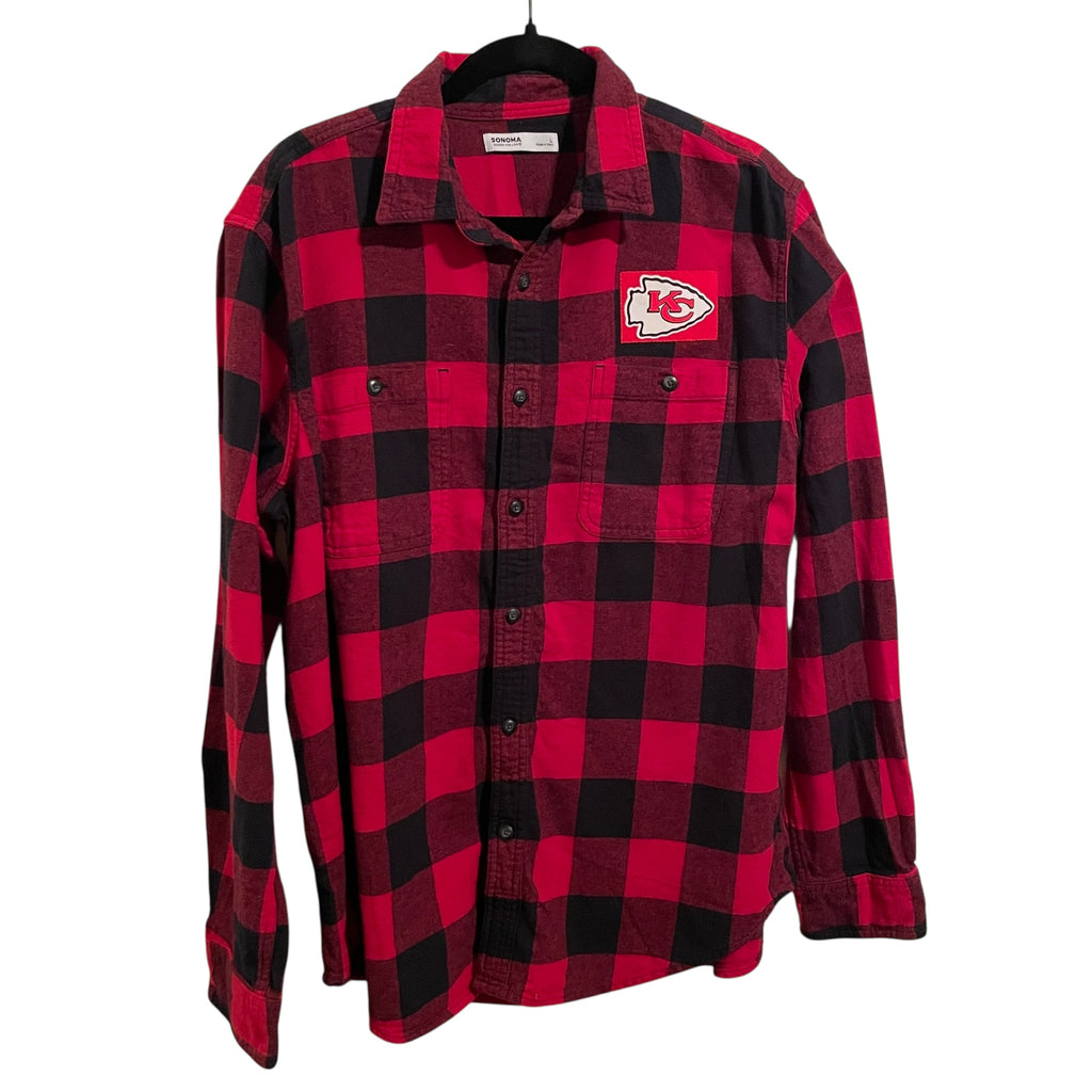 Upcycled 87 Kelce Kansas City Chiefs Red and Black Plaid Flannel Button Front Shirt L ooak