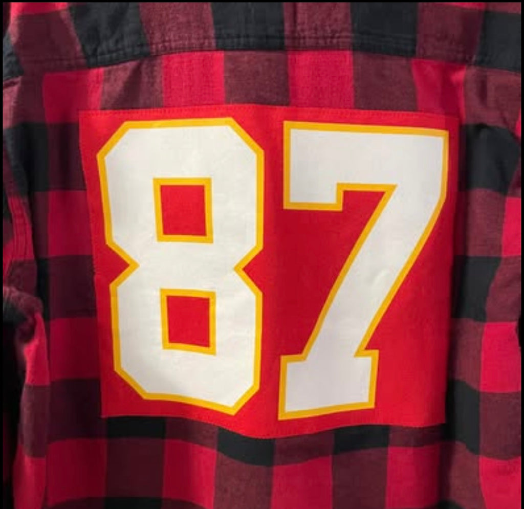 Upcycled 87 Kelce Kansas City Chiefs Red and Black Plaid Flannel Button Front Shirt L ooak