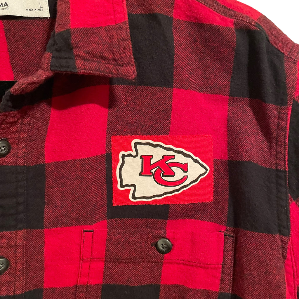 Upcycled 87 Kelce Kansas City Chiefs Red and Black Plaid Flannel Button Front Shirt L ooak