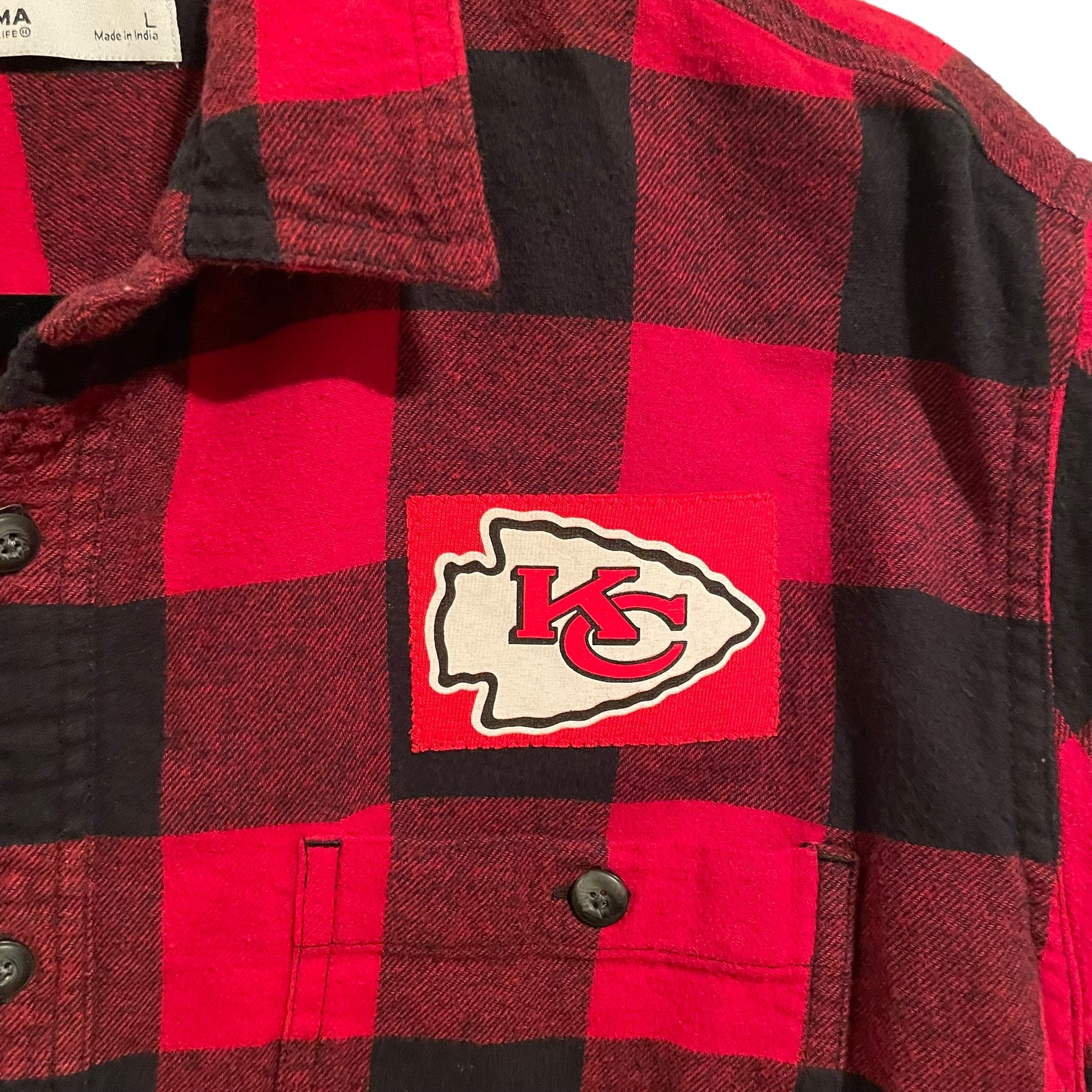 Upcycled 87 Kelce Kansas City Chiefs Red and Black Plaid Flannel Button Front Shirt L ooak