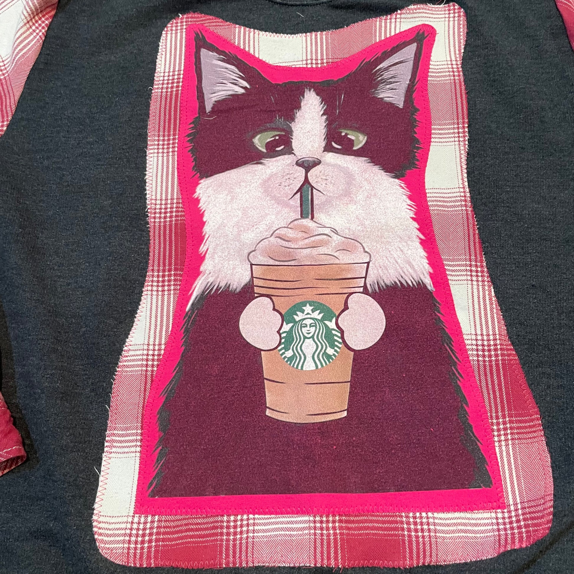 Handmade Sustainable Upcycle Flannel Sleeve Cat Drinking Coffee Sweatshirt