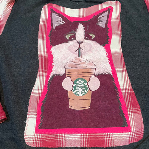 Handmade Sustainable Upcycle Flannel Sleeve Cat Drinking Coffee Sweatshirt