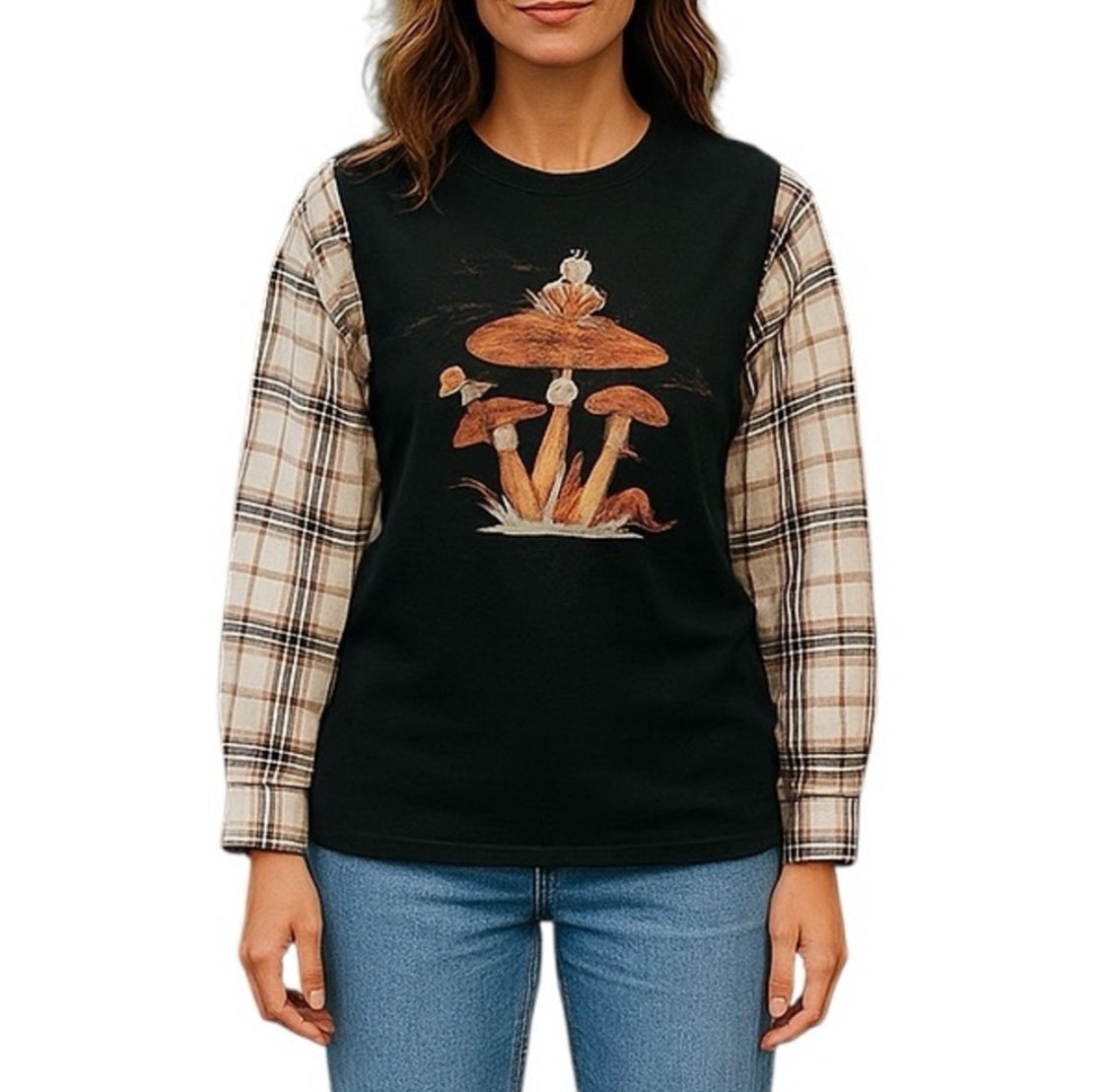Handmade Sustainable Upcycle Frog on Mushrooms Flannel Sleeve Shirt