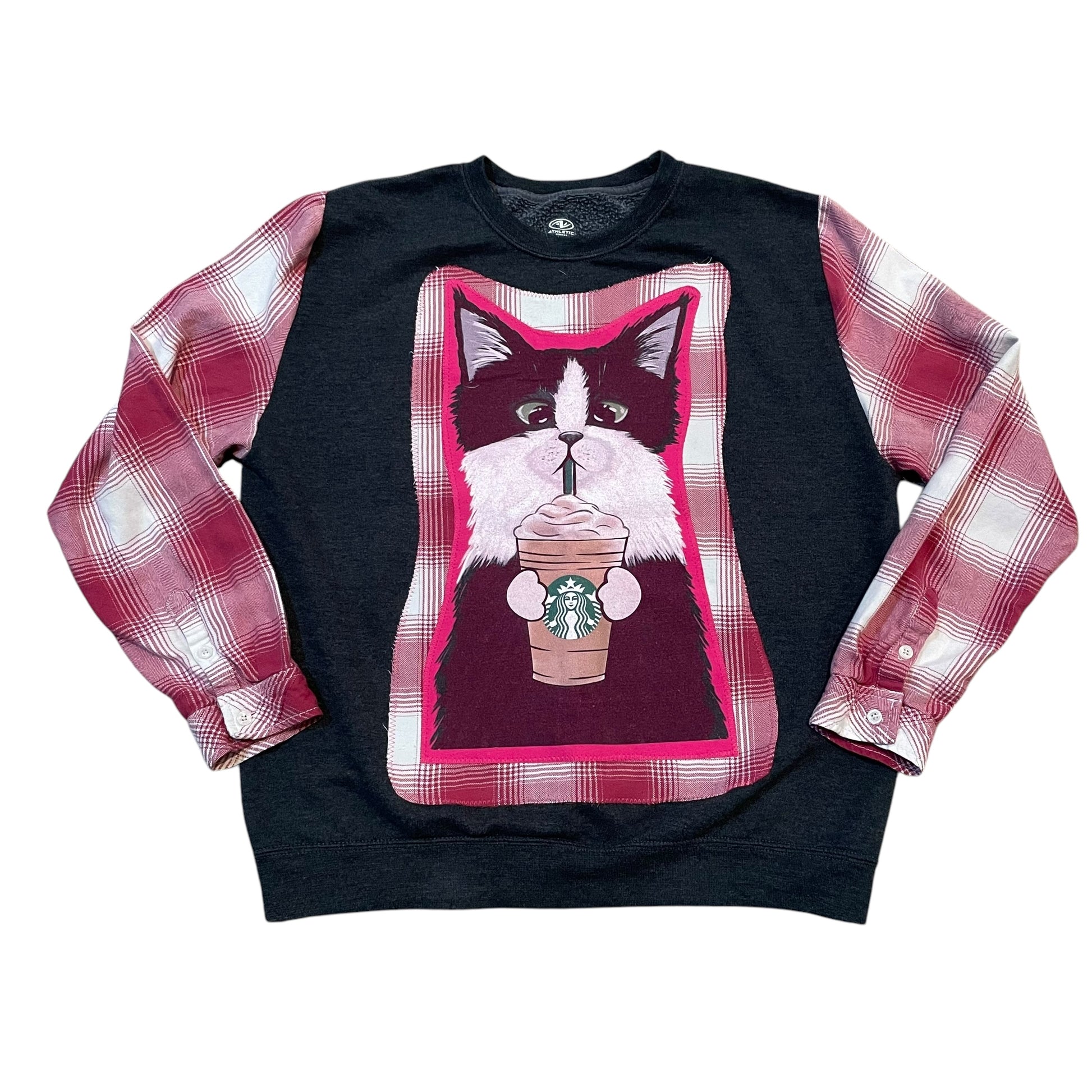Handmade Sustainable Upcycle Flannel Sleeve Cat Drinking Coffee Sweatshirt