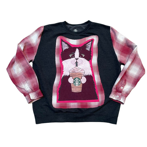 Handmade Sustainable Upcycle Flannel Sleeve Cat Drinking Coffee Sweatshirt