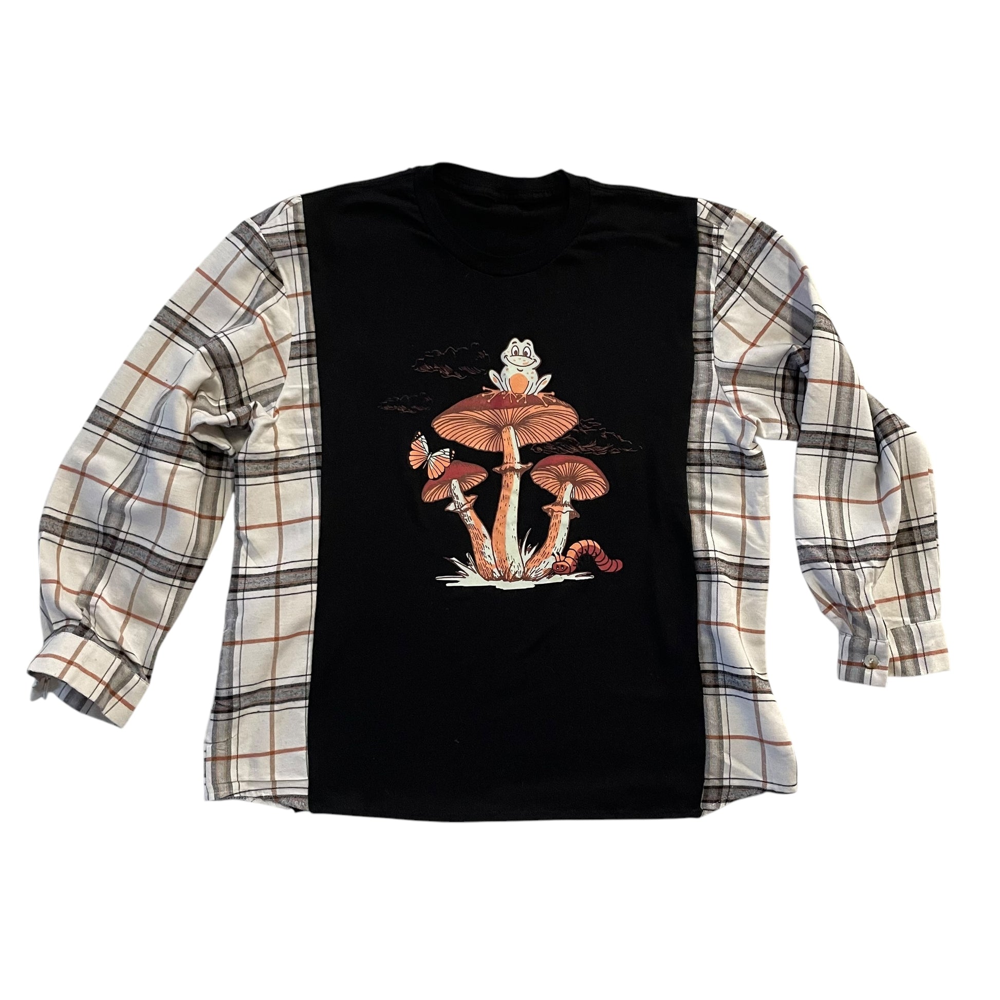 Handmade Sustainable Upcycle Frog on Mushrooms Flannel Sleeve Shirt