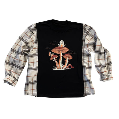 Handmade Sustainable Upcycle Frog on Mushrooms Flannel Sleeve Shirt