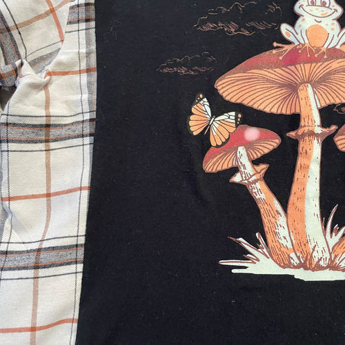 Handmade Sustainable Upcycle Frog on Mushrooms Flannel Sleeve Shirt