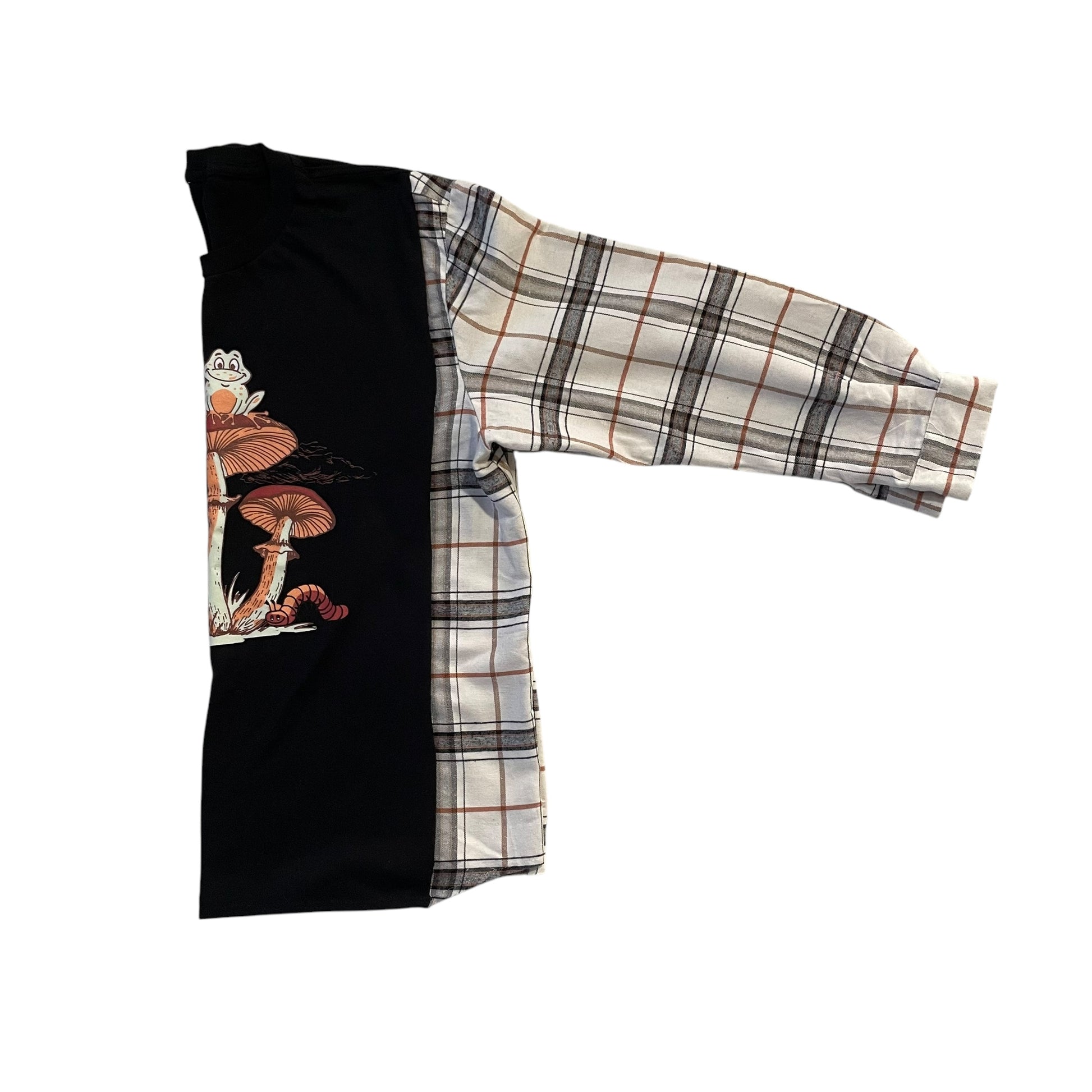 Handmade Sustainable Upcycle Frog on Mushrooms Flannel Sleeve Shirt